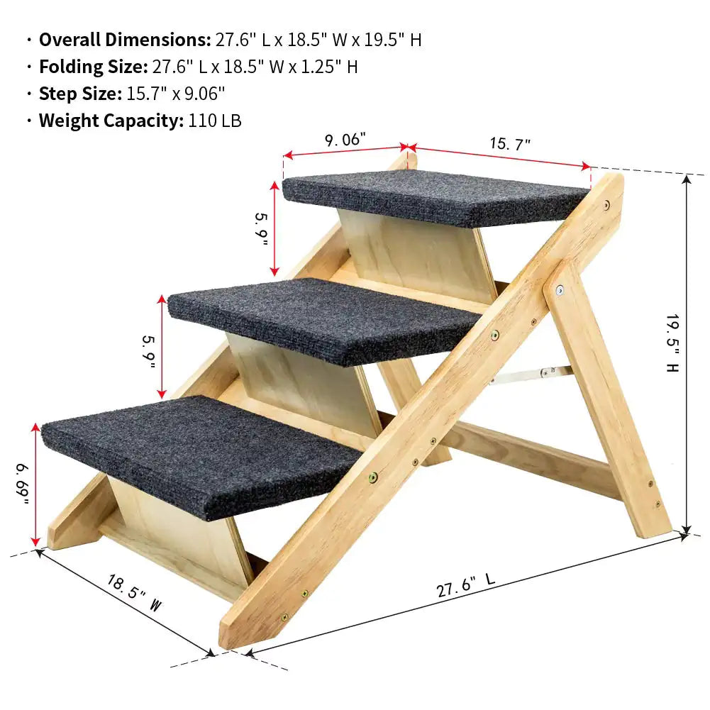 3-Tier Wooden Pet Steps & Ramp | Foldable Dog & Cat Stairs for Beds, Cars & Couches (Up to 110 lbs)