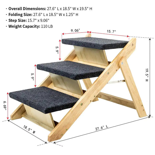 3-Tier Wooden Pet Steps & Ramp | Foldable Dog & Cat Stairs for Beds, Cars & Couches (Up to 110 lbs)