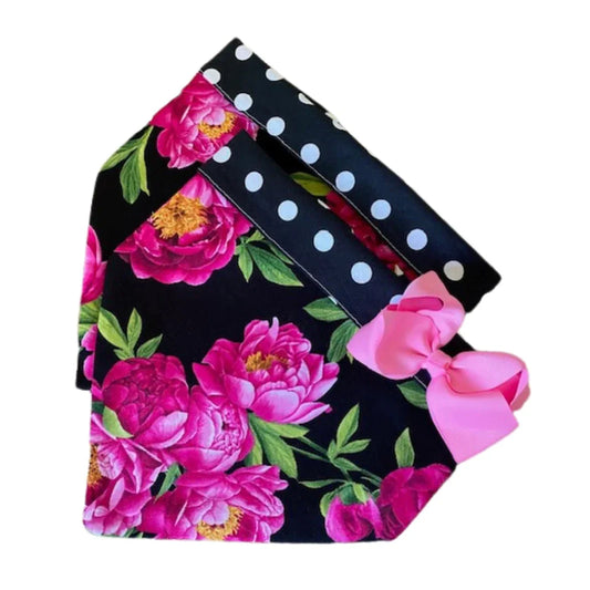 Peony Flowers Bandana Dog Collar with Bow – Handmade Cotton Floral Collar by Chloe & Max (Only Size L Available, USA Orders Only)