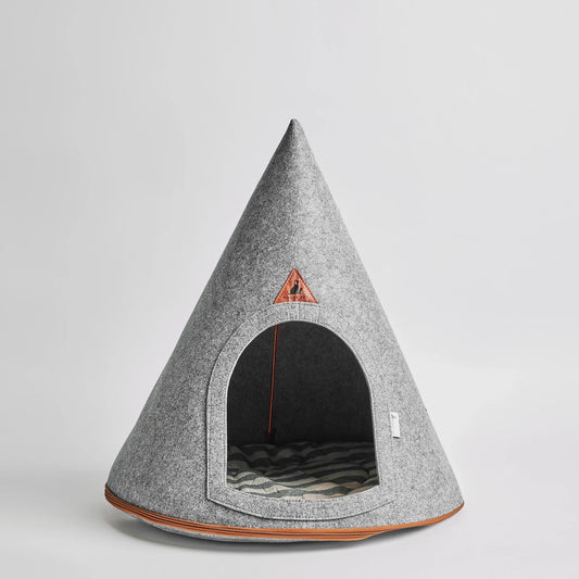 Nooee Pet Cave Lucy (M) – Gray Modern Cone-Shaped Pet Bed with Machine-Washable Cushion, Portable Roll-Up Design with Travel Bag, Fits Pets Up to 12 lbs, 24”H x 22”L x 22”D