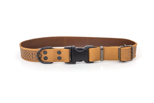 Celtic Sport Quick-Release Dog Collar – Khaki Leather with Black Hardware, Celtic Fire & Water Rune Design, and YKK Buckle, Made in USA