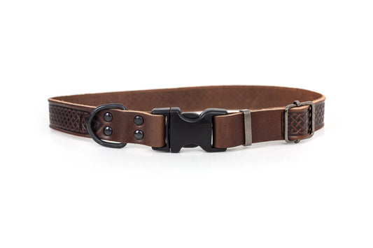 Celtic Sport Quick-Release Dog Collar – Chocolate Brown Leather with Black Hardware, Celtic Fire & Water Rune Design, and YKK Buckle