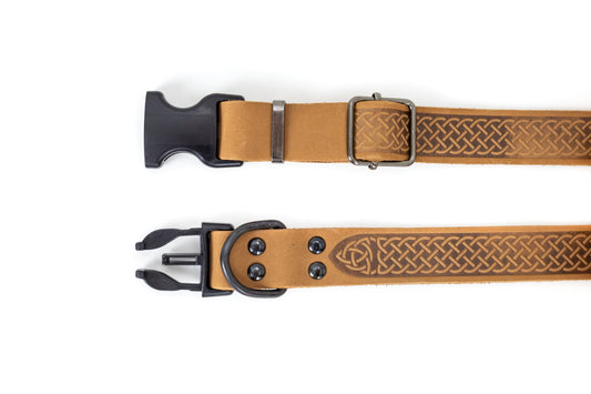 Celtic Sport Quick-Release Dog Collar – Khaki Leather with Black Hardware, Celtic Fire & Water Rune Design, and YKK Buckle, Made in USA