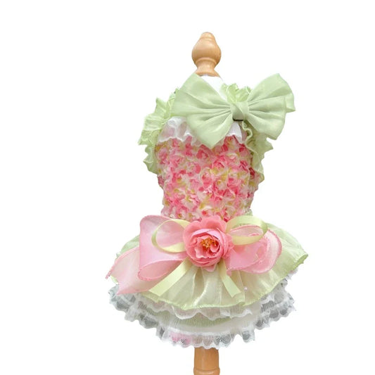 Pink-Green Rose Garden Dog Party Dress – Layered Ruffled Skirt with Floral Print & Dual Bows for Small to Medium Dogs (XS–XL)