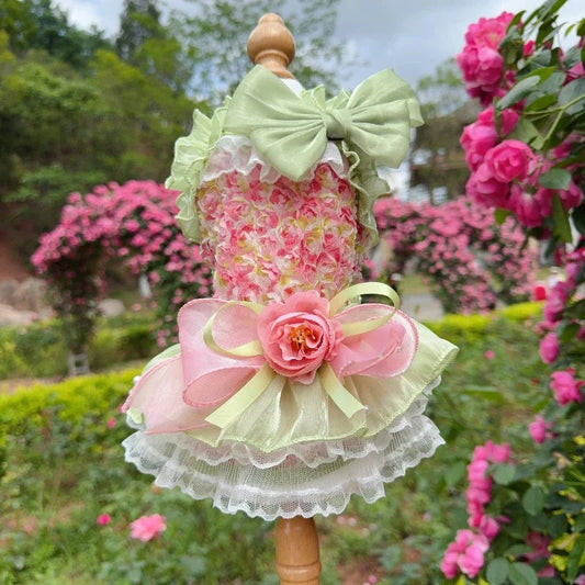 Pink-Green Rose Garden Dog Party Dress – Layered Ruffled Skirt with Floral Print & Dual Bows for Small to Medium Dogs (XS–XL)
