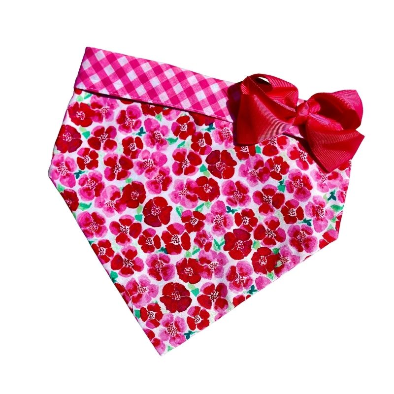 Pink Flowers Bandana Dog Collar with Bow – Handmade in USA by Chloe & Max, 100% Cotton Floral Bandana Collar with Pink Gingham Trim, Plastic Buckle, Hand-Washable, Easy Snap-On Design (Sizes XS–XL, Small to Large Dogs, USA Orders Only)
