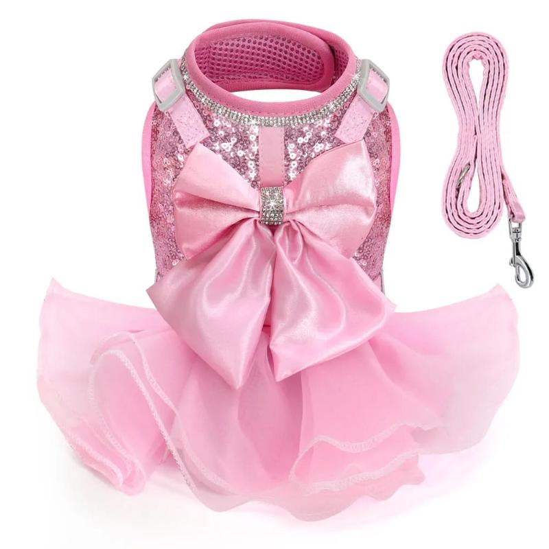 Bling Dog Harness Dress & Leash Set – Rhinestone-Embellished Harness Dress with Satin Bow, Breathable Mesh & Tulle Skirt, Adjustable Fit with Velcro & Buckles, Matching 5-ft Leash (Pink or Black, Small Dogs)