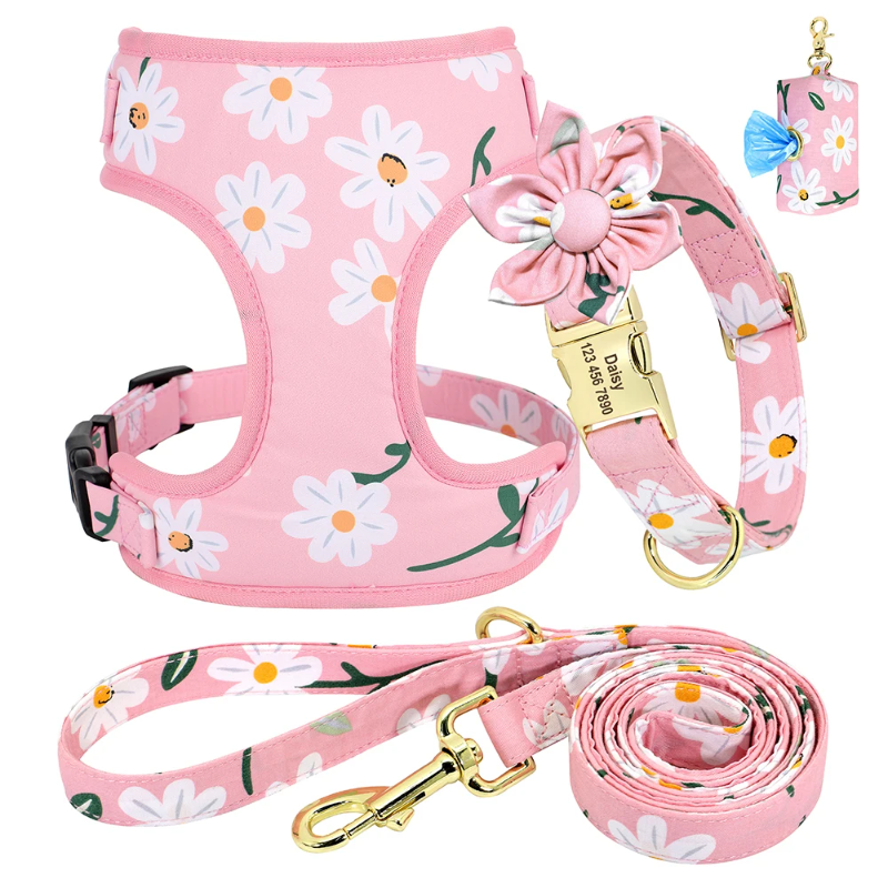 4pc Floral Daisy Dog Collar, Harness, Leash & Poo Bag Set – Personalized No-Pull Adjustable Set for Small to Large Dogs (XS–L, Pink or Purple)