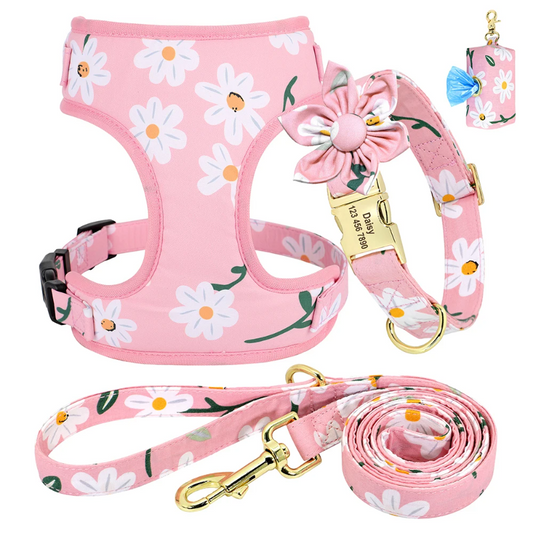 4pc Floral Daisy Dog Collar, Harness, Leash & Poo Bag Set – Personalized No-Pull Adjustable Set for Small to Large Dogs (XS–L, Pink or Purple)
