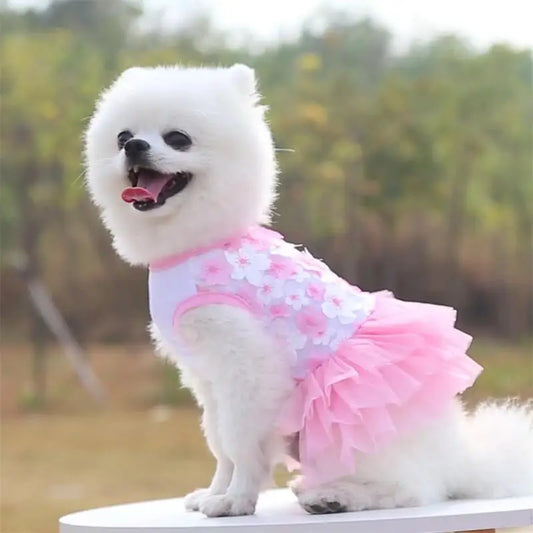 Floral Lace Chiffon Dog Tutu Dress – Elegant Pink or Purple Party Dress with Chiffon Flowers for Small & Medium Dogs (XS–XL)