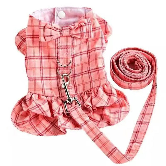 Plaid Harness Dog Dress & Leash Set – Lightweight Cotton Dress with Matching Leash for Small Dogs (XS–2XL)
