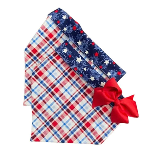 Plaid and Stars Bandana Dog Collar with Bow – Handmade in USA Cotton Bandana Collar, Red/White/Blue Plaid with Star Trim & Red Bow, Easy Snap Buckle, Patriotic Design (XS–XL)