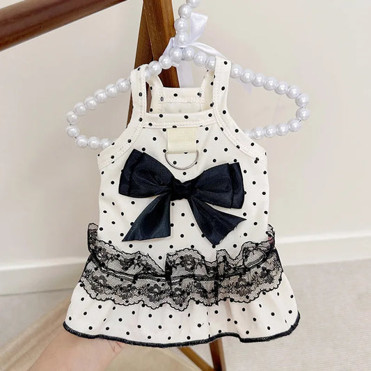 Polka Dot Dog Dress – Elegant Black & White Lace Dress with Bow and Leash D-Ring (S–2XL)