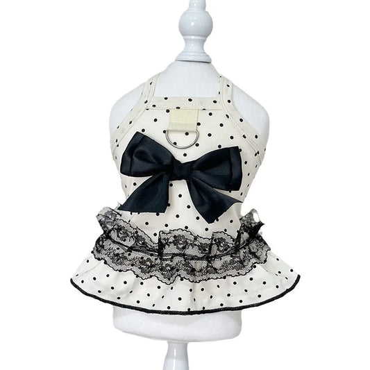 Polka Dot Dog Dress – Elegant Black & White Lace Dress with Bow and Leash D-Ring (S–2XL)