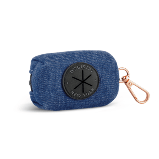 Poop Bag Holder “Denim” – Stylish Cotton Twill Waste Bag Dispenser with Rose Gold Clasp, Fits Standard Rolls & Includes Bags