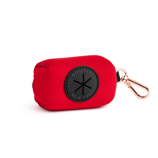 Dogistry Dog Waste Bag Holder – Iconic Red Cotton Twill with Rose Gold Clasp, Fits Standard Rolls, Includes Bags, 3” x 2.5” x 2”