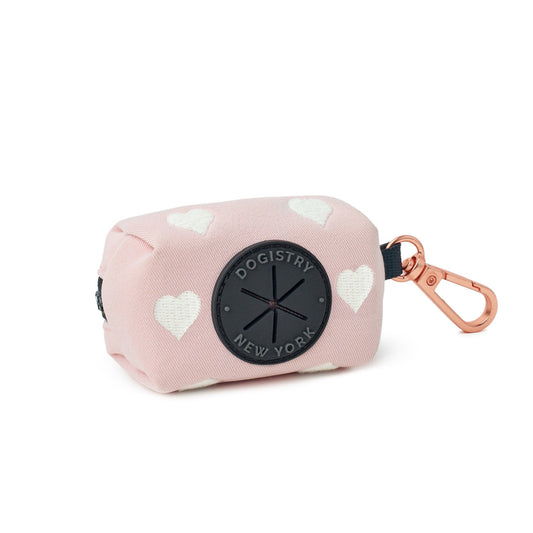 Dogistry Dog Waste Bag Holder – Blush Cotton Twill with Cream Heart Embroidery and Rose Gold Clasp, Fits Standard Rolls, Includes Bags, 3” x 2.5” x 2”