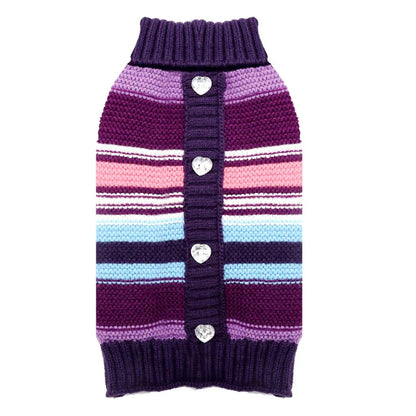 Purple Stripe Dog Sweater – Cozy 100% Cotton Knit with Heart Buttons, Soft & Breathable Fabric for Small to Medium Dogs (XS–2XL)