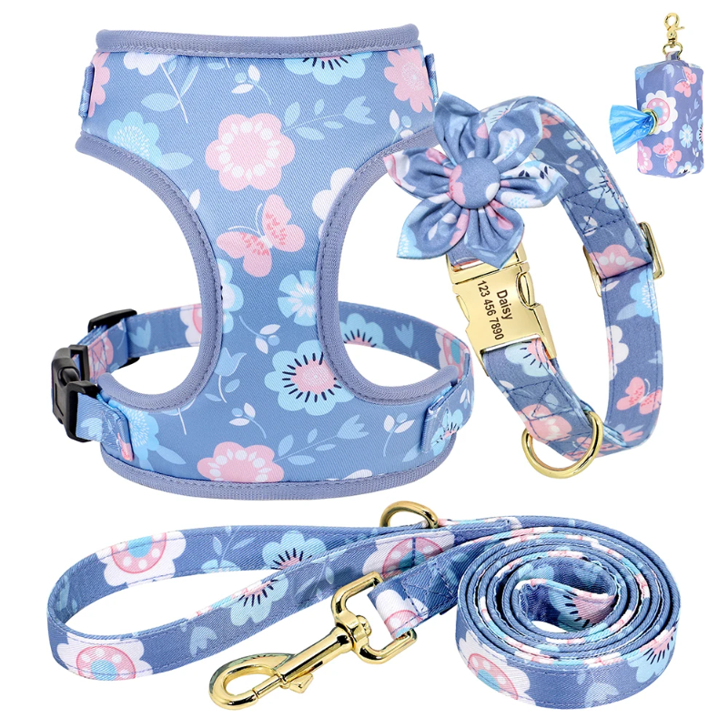 4pc Floral Daisy Dog Collar, Harness, Leash & Poo Bag Set – Personalized No-Pull Adjustable Set for Small to Large Dogs (XS–L, Pink or Purple)