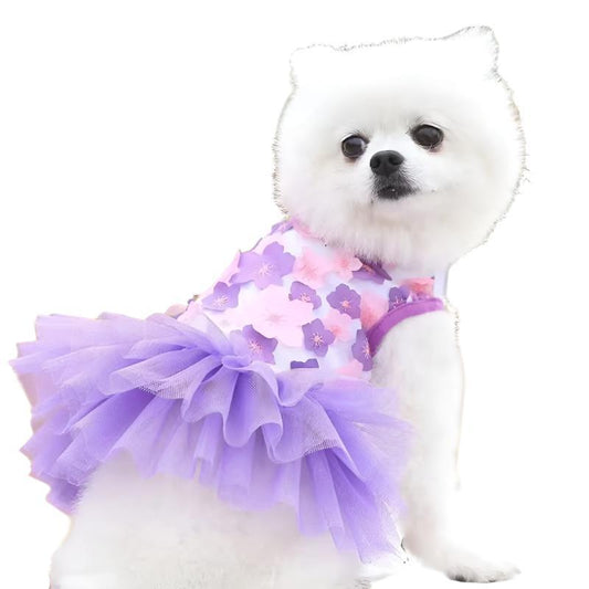 Floral Lace Chiffon Dog Tutu Dress – Elegant Pink or Purple Party Dress with Chiffon Flowers for Small & Medium Dogs (XS–XL)