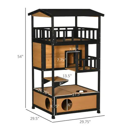 Rustic Wooden Outdoor Cat House | Multi-Level Kitten Playhouse with Escape Door, Platforms & Asphalt Roof