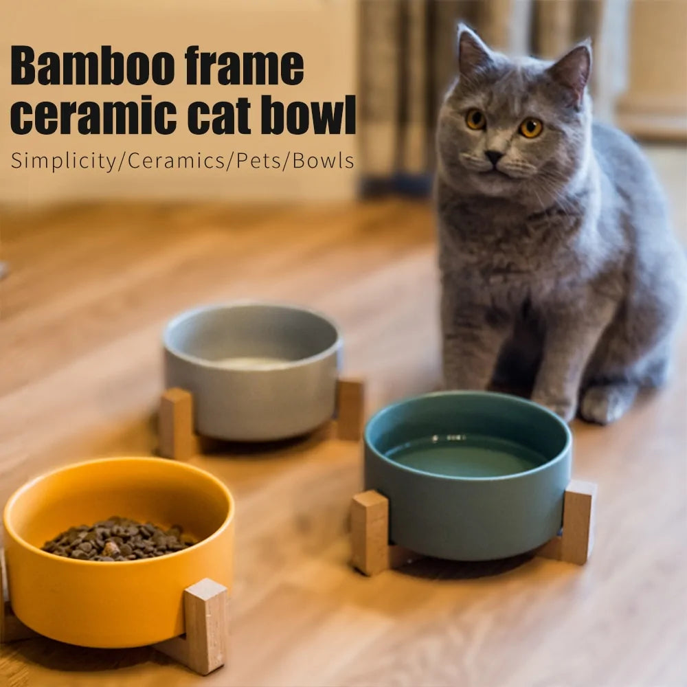 Ceramic Raised Cat Bowl with Wooden Stand | Elevated Ergonomic Dish for Better Posture & Digestion