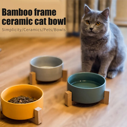 Ceramic Raised Cat Bowl with Wooden Stand | Elevated Ergonomic Dish for Better Posture & Digestion