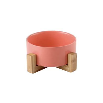 Ceramic Raised Cat Bowl with Wooden Stand | Elevated Ergonomic Dish for Better Posture & Digestion