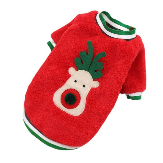 Christmas Reindeer Plush Dog Sweatshirt – Soft Red or Green Holiday Pullover for Small & Medium Dogs (XS–XXL)