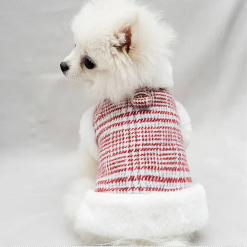 Winter Fleece-Lined Check Dog Harness Dress Coat – Warm Plaid Jacket with D-Ring for Small Dogs (XS–XXL, Red or Blue)