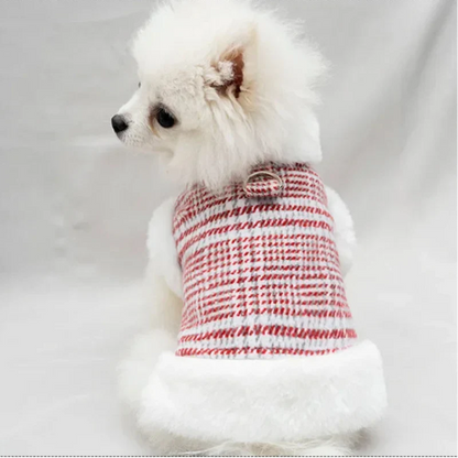 Winter Fleece-Lined Check Dog Harness Dress Coat – Warm Plaid Jacket with D-Ring for Small Dogs (XS–XXL, Red or Blue)