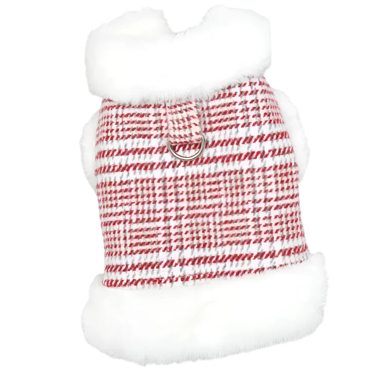 Winter Fleece-Lined Check Dog Harness Dress Coat – Warm Plaid Jacket with D-Ring for Small Dogs (XS–XXL, Red or Blue)