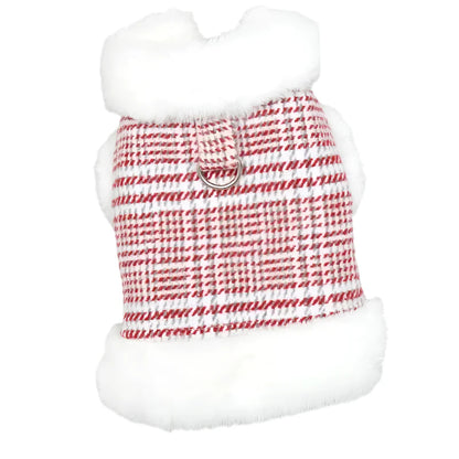 Winter Fleece-Lined Check Dog Harness Dress Coat – Warm Plaid Jacket with D-Ring for Small Dogs (XS–XXL, Red or Blue)