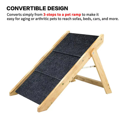 3-Tier Wooden Pet Steps & Ramp | Foldable Dog & Cat Stairs for Beds, Cars & Couches (Up to 110 lbs)