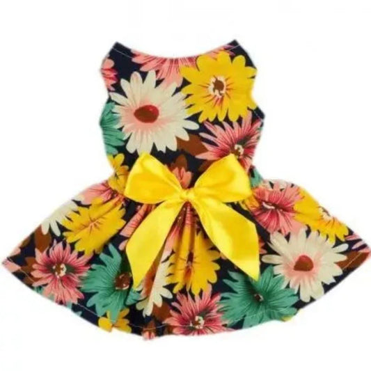 Sunflower Dog Party Dress with Yellow Bow – Bright Cotton Summer Dress for Small Dogs (XS–L)