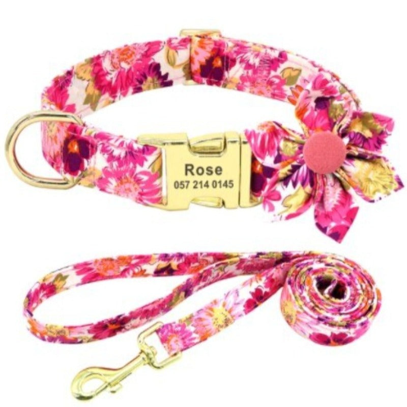Pink Rose Flower Dog Collar & Leash Set – Personalized Engraved Floral Collar with Removable Rose for Small, Medium & Large Dogs | Posh Dog Life