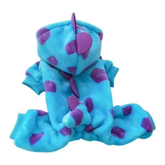 Little Dinosaur Dog Costume/Pajamas – Plush Blue Velcro-On Outfit for Small & Medium Dogs, Warm & Adorable (XS–XL)