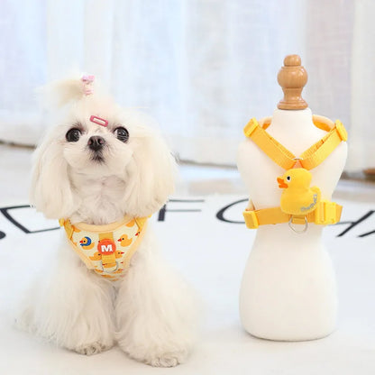 Duck Dog Harness & Leash Set – Adorable Yellow Duck Print Adjustable Mesh Harness with Plush Duck Accent & Matching 5 ft Leash (XS–XL, for Small Dogs)