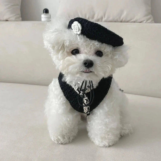 Chic Chanel-Inspired Tweed Hat & Dog Dress – Handmade 2-Piece Designer Set with Lace Trim & Beret for Small Dogs (S–XL, Black or Off-White)