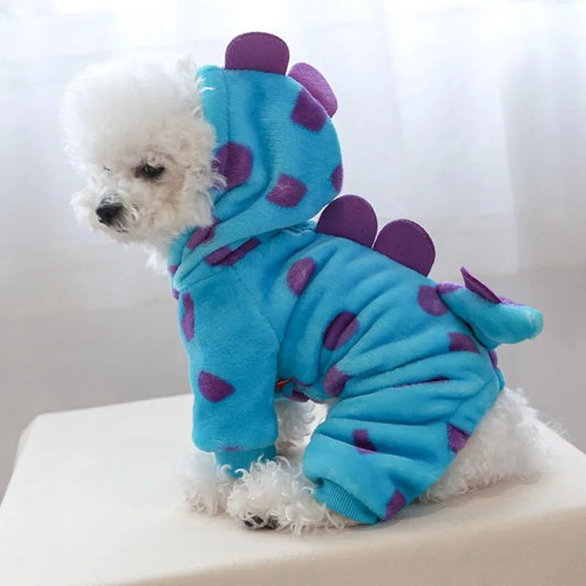 Little Dinosaur Dog Costume/Pajamas – Plush Blue Velcro-On Outfit for Small & Medium Dogs, Warm & Adorable (XS–XL)