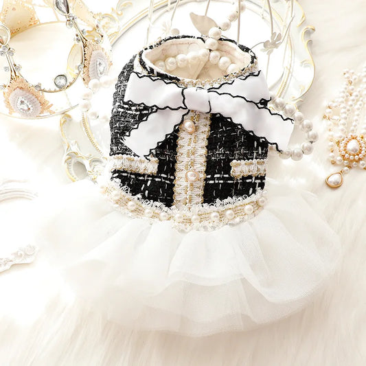 Chanel-Inspired Tweed Tutu Dog Dress – Handmade Elegant Pearl & Bow Dress for Small Breeds (XS–XL)