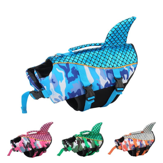 Camo Shark Dog Life Jacket – Reflective & Adjustable Dog Life Vest with Grab Handle, High-Buoyancy Foam & Quick-Dry Fabric for Swimming Safety (Blue Green or Orange Rose, XS–2XL)