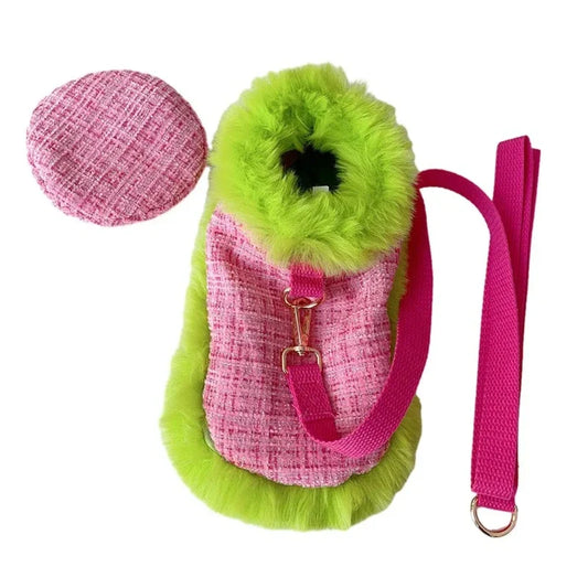 Très Chic Pink & Lime Tweed Dog Coat, Hat & Leash Set – Elegant Handmade Faux Fur Cape Ensemble for Small Dogs (S–XL)