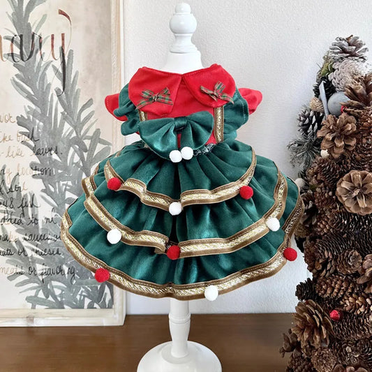 Designer Handmade Green Christmas Tree Dog Dress – Festive Ruffled Velvet Holiday Dress with Gold Ribbon & Pom Pom Ornaments (XS–XL, for Small & Medium Dogs)