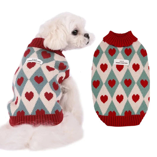 Diamond Heart Dog Sweater – Soft Valentine-Inspired Knit in Vintage Red or Purple for Small & Medium Dogs (S–XXL)