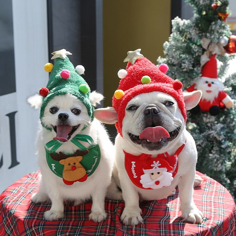 Christmas Dog Hats and Bibs – Festive Holiday Pet Accessories for Small to Medium Dogs, Available in Three Styles (Red, Green & White) Made of Soft Fleece, Polyester & Felt with Tie-On or Velcro Closure