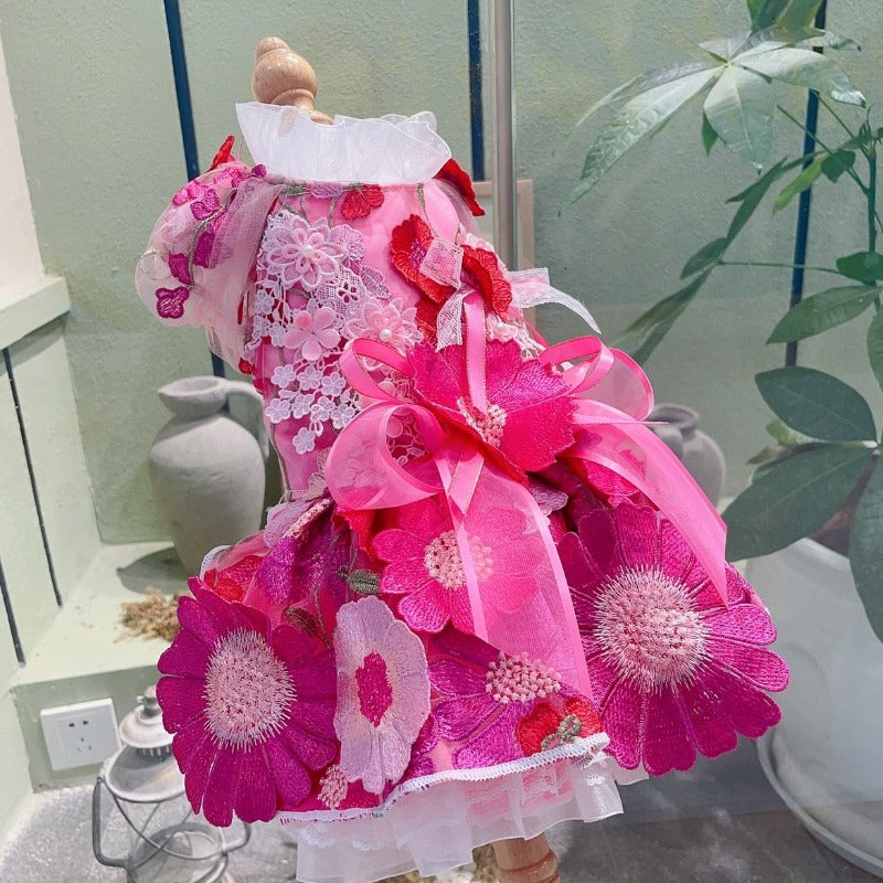 Designer Handmade Hot Pink Daisy Dog Party Dress – Embroidered Flower & Tulle Skirt with Ribbon Bow, Lace Detail for Small to Medium Dogs (XS–XL)