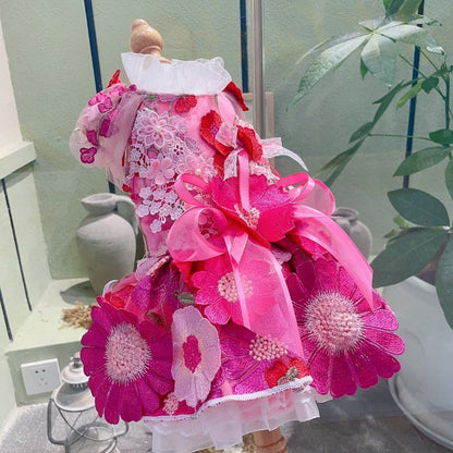 Designer Handmade Hot Pink Daisy Dog Party Dress – Embroidered Flower & Tulle Skirt with Ribbon Bow, Lace Detail for Small to Medium Dogs (XS–XL)
