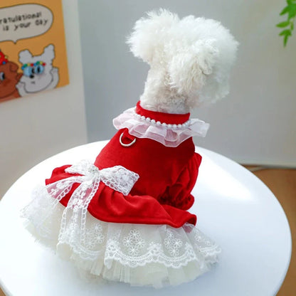 Red Velvet & Lace Holiday Party Dog Dress – Elegant Red Velvet Dress with Lace Skirt & Neckline, Faux Pearl Beaded Trim, and D-Ring for Leash Attachment; Perfect for Christmas or Holiday Parties (Velvet + Lace Material, Sizes XS–XL, Small–Medium Dogs)