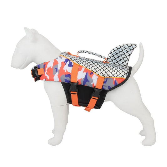 Camo Shark Dog Life Jacket – Reflective & Adjustable Dog Life Vest with Grab Handle, High-Buoyancy Foam & Quick-Dry Fabric for Swimming Safety (Blue Green or Orange Rose, XS–2XL)